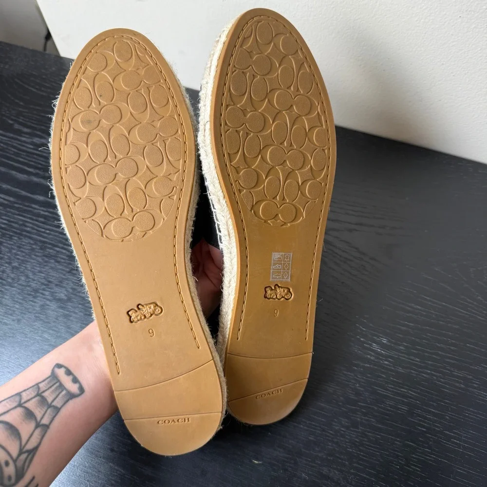 Coach Camille Espadrille Jute Slide Sandals Black Leather Gold Horse Carriage 9B
